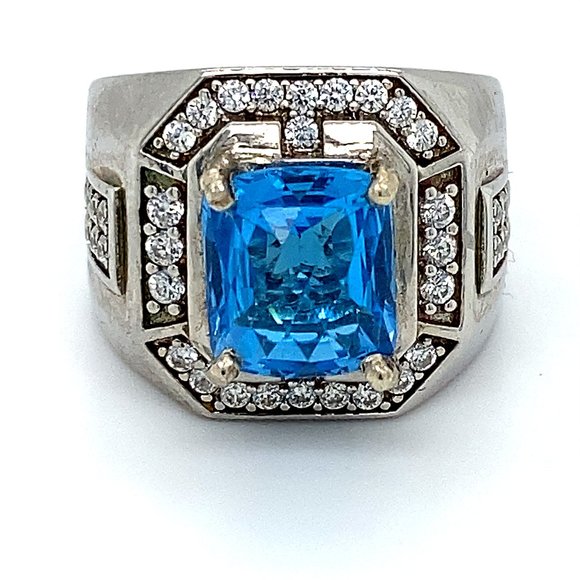 Blue Topaz 6.76ct Platinum Finish Silver Ring